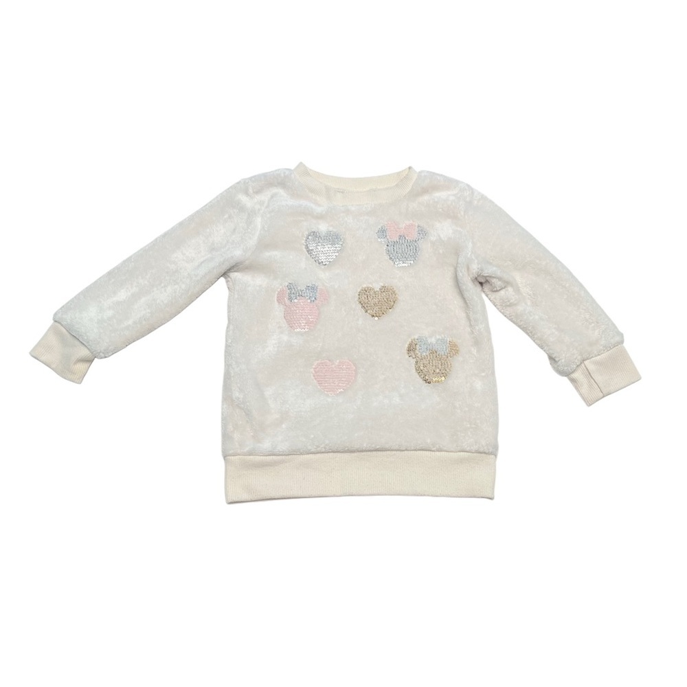 Disney Minnie Mouse Ivory Faux Fur Sweatshirt with Sequins | Girl 24 Months